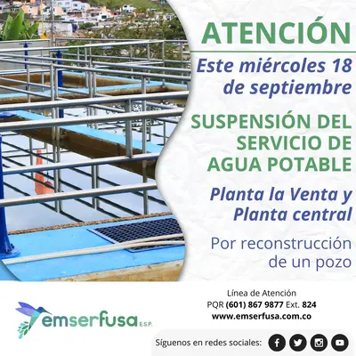 Por espacio de 24 horas suspensión del servicio de agua Plantas la Venta y Central