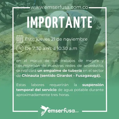 Suspensión temporal del servicio de agua potable sector Chinauta