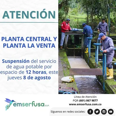 Este jueves 8 de agosto,suspensión del servicio de agua potable por espacio de 12 horas