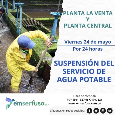 Este viernes 24 de mayo, suspensión del servicio de agua potable por espacio de 24 horas